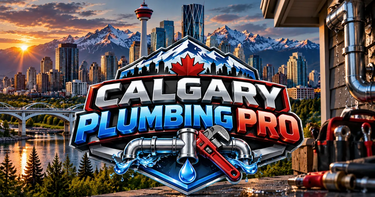 Calgary Plumbing Pro emblem over the Calgary skyline and the Rockies, with chrome pipes and plumbing tools in the foreground